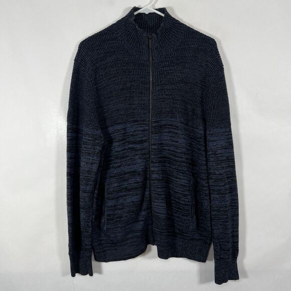 Kenneth Cole Full Zip Cardigan Sweater Mens Large Navy Heathered Chunky Knit - Picture 1 of 13
